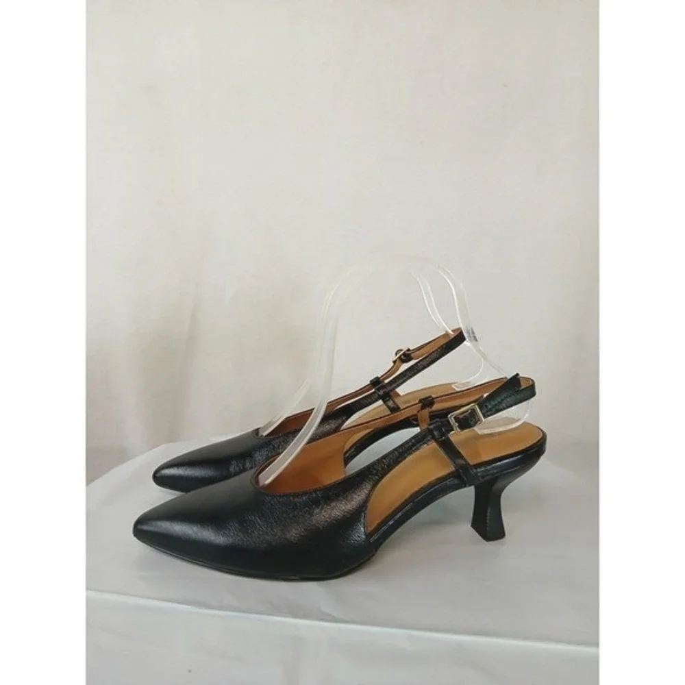 Madewell The Debbie Genuine Leather Slingback Pump Black Pointed Toe Kitten sz 8